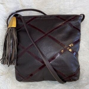 Sharif Dark Brown Crossbody Bag with Burgundy Accents and Gold Tassel